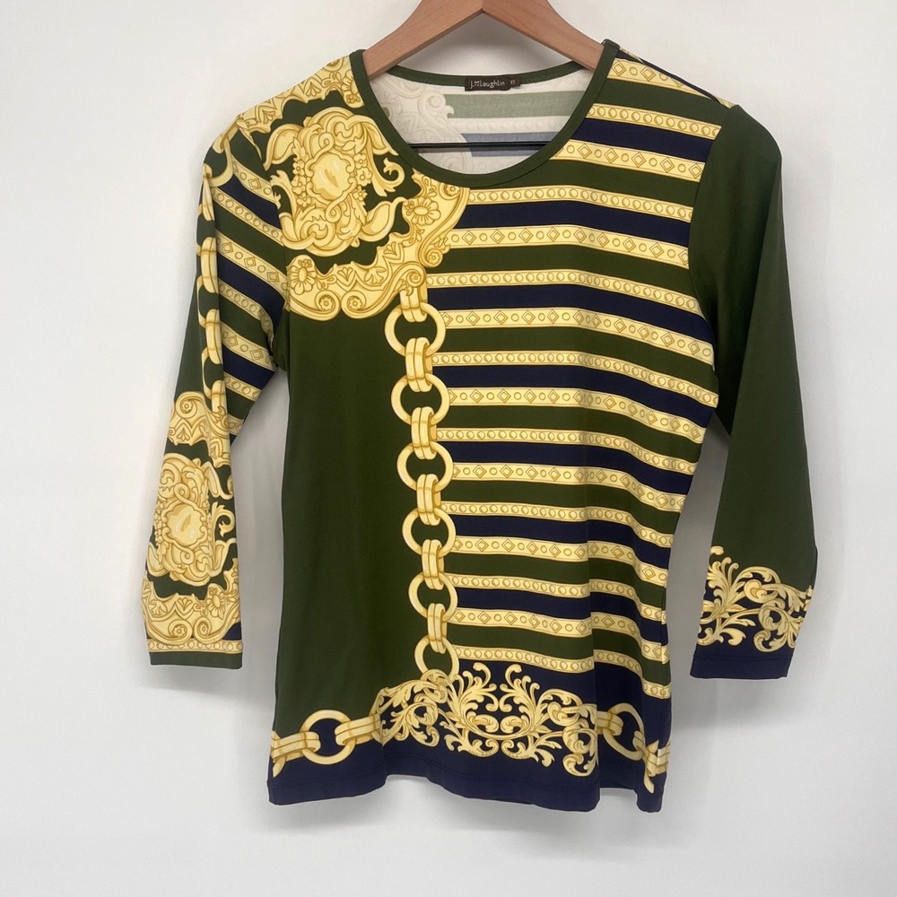 J.McLaughlin Catalina cloth Top Women XS Green Gold Chain Stripe 3/4 Sleeve